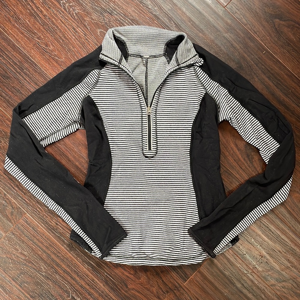 Lululemon Black and White Striped Long Sleeve Half Zip Shirt